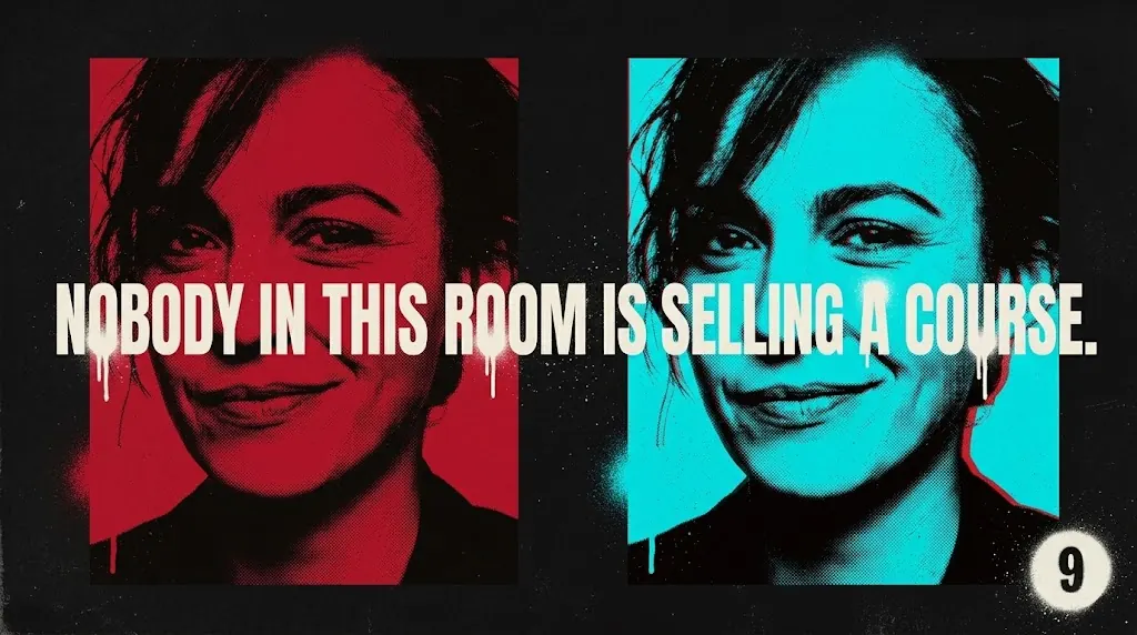 Med Spa 9 campaign banner: the line “Nobody in this room is selling a course.” sprayed across two duotone portraits of the same woman, one red and one cyan.